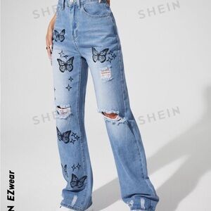 High Waisted Wide Straight Leg Boyfriend Butterfly Distressed Jeans Size Large